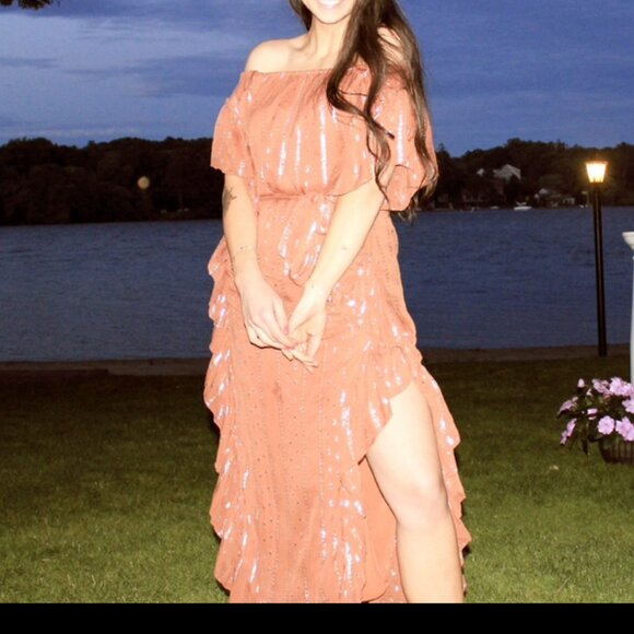 Free People Ruffles Burnt Orange Sparkly Dress - Picture 1 of 5